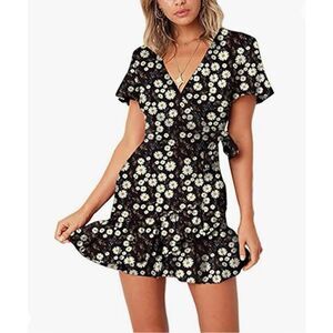 Womens Boutique Floral Print Short Sleeve Butterfly Hem Ruffled Dress - Sz L